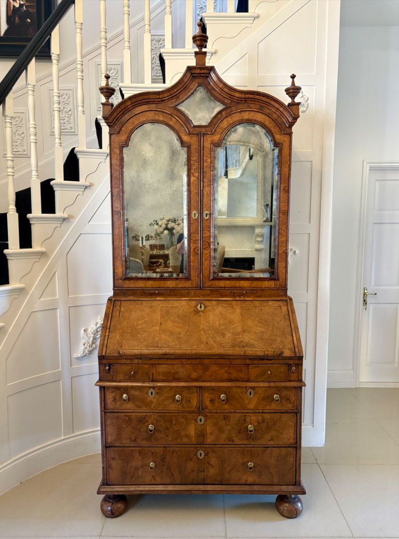 Antique Queen Anne Fantastic Quality Burr Walnut and Featherbanded Bureau Bookcase